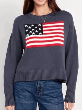 Old Navy Blue Crewneck Sweater with Red, White & Navy Flag XL